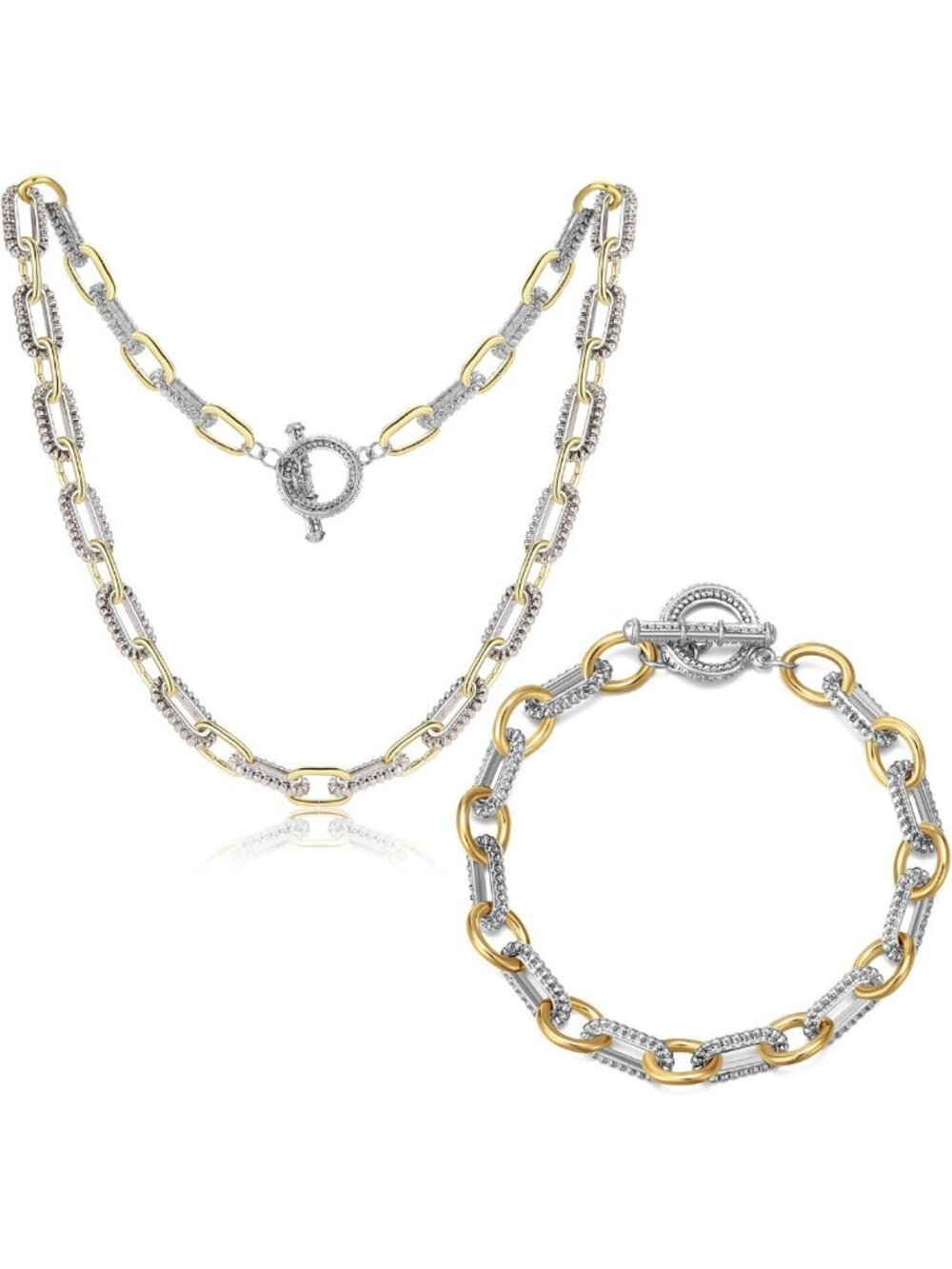 Two Tone Statement Necklace & Bracelet Set - Mixed Metal Link Chain Jewelry Gift